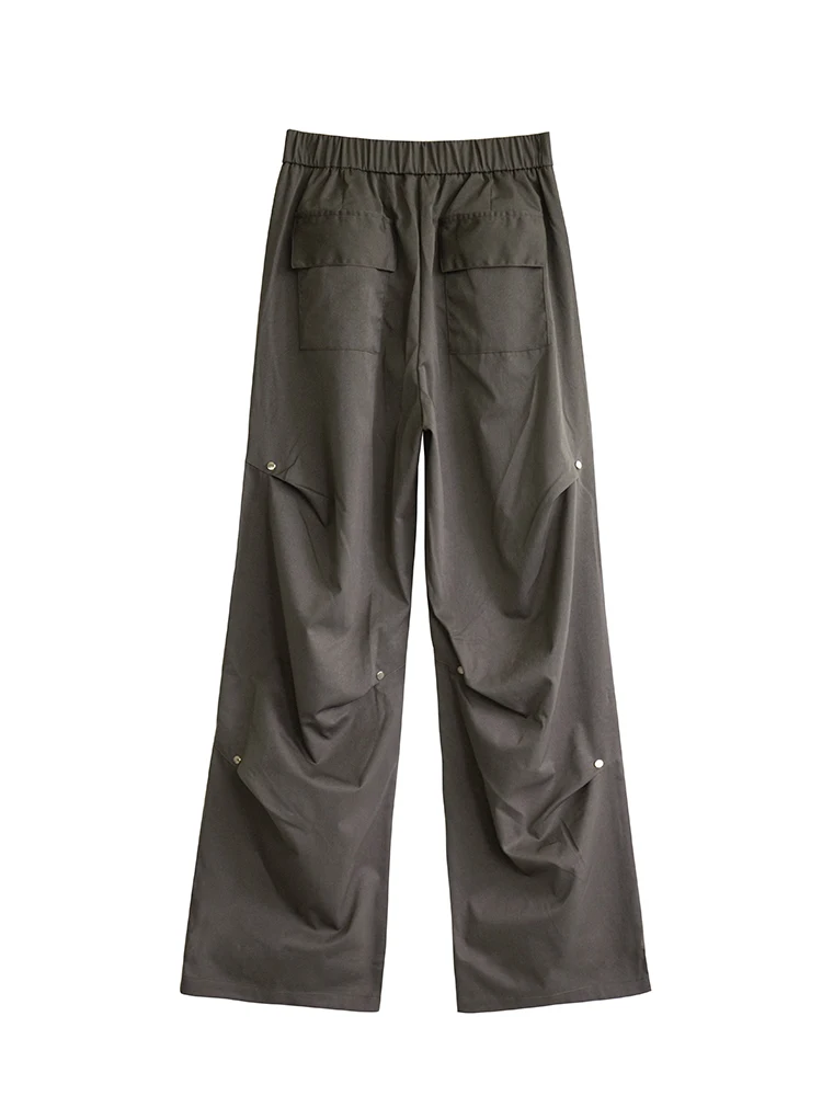 Pantalones de trabajo de lana con remaches americanos para mujer, pantalones deportivos informales de pierna ancha y cintura alta engrosados para uso diario en otoño y