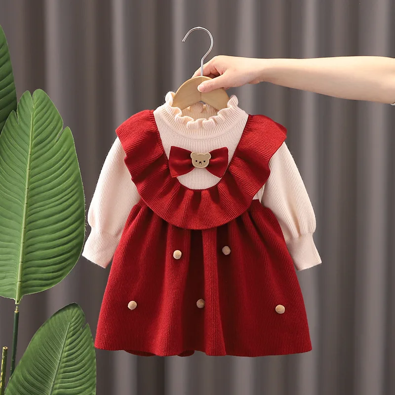 Girls\' Knitted Dress Autumn/Winter Western Style Dress Red Princess Dress Baby Girl One Year Old Christmas Dress,W131