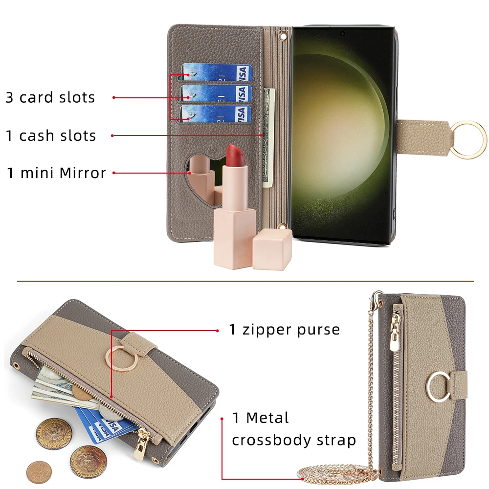 Crossbody Wallet Case for Samsung Galaxy S24 Ultra S24 PLus S23 FE M34 A25 A15 A35 A55 5G A05 A05S Flip Cover with Metal chain