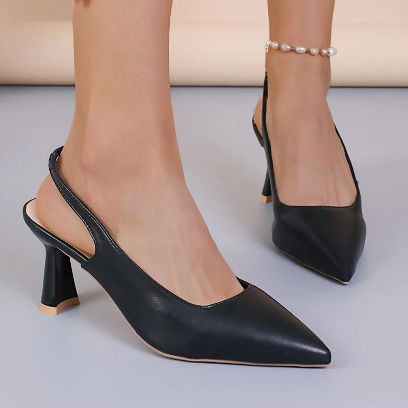 New Women Pumps Pointed Toe Sandals Slip on High Heels Sandal Black Sexy Heels Slingbacks Office Lady Shoes Wedding Summer 1422N