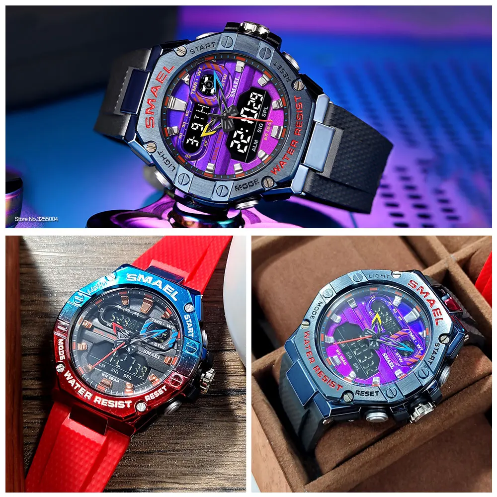 SMAEL Dual Time Red Digital Watch Men Military Sport Chronograph Quartz Electronic Wristwatch with Date Week Waterproof 8066