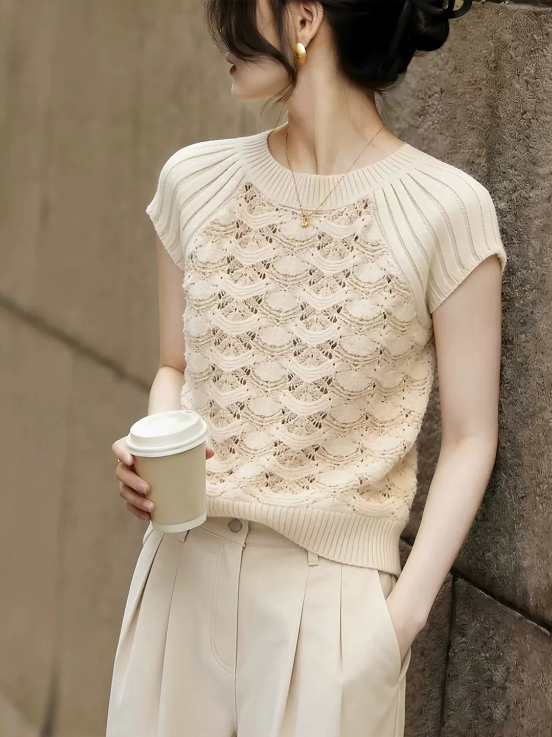 

Sweet Ladylike Hollow out Knitwear Short Sleeve Soft Skin-friendly Women's Commuter Style Korean Version Summer Top
