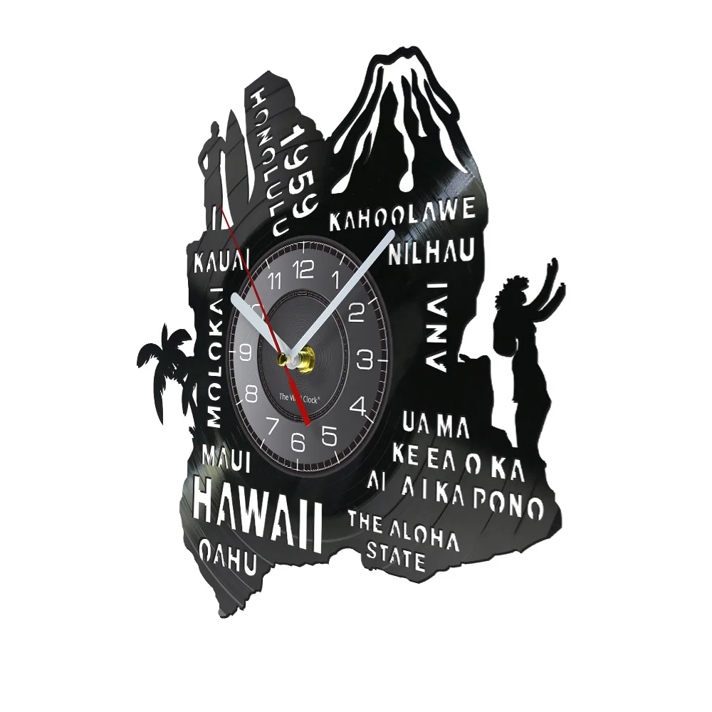 The Aloha State Hawaii Home State Wall Clock Palm Tree Surfing Hawaii Vintage Vinyl Record Wall Clock Honolululu USA Travel Gift
