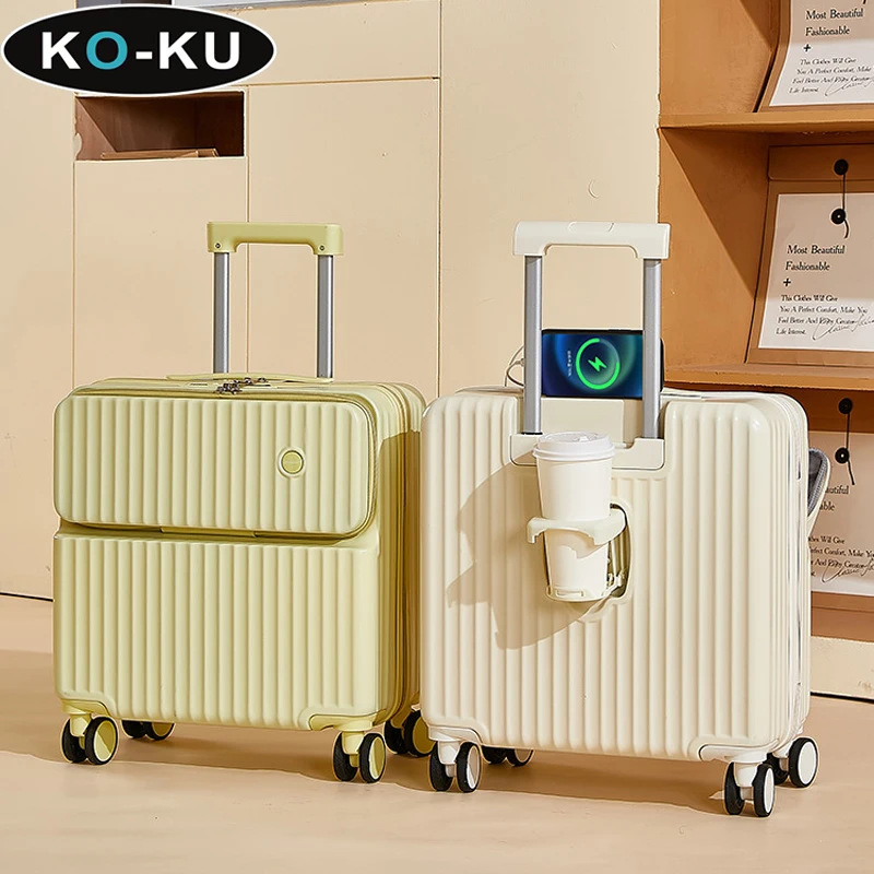 KO-KU Front Opening Small Trolley Suitcase 18/20 Inch Boarding Box Student Multifunction Password  Combination Suitcase