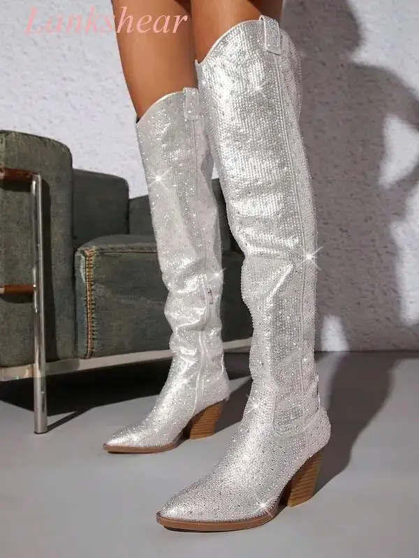 New Luxury Bling Bling Rhinestone Studded Thigh High Boots Women Thin High Heeled Crystal Shinning Over The Knee Long Boot