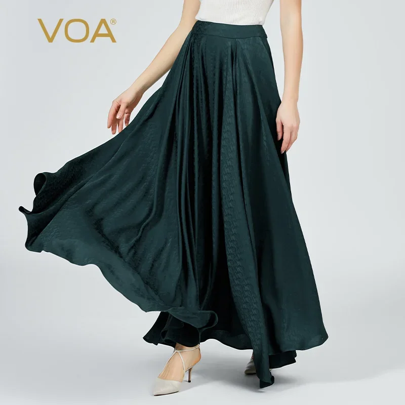 VOA 22 Momme Jacquard Mulberry Silk Pantskirt Malachite Green Culottes Natural Waist Divided Skirt Elegant Wide-leg Pants KE719