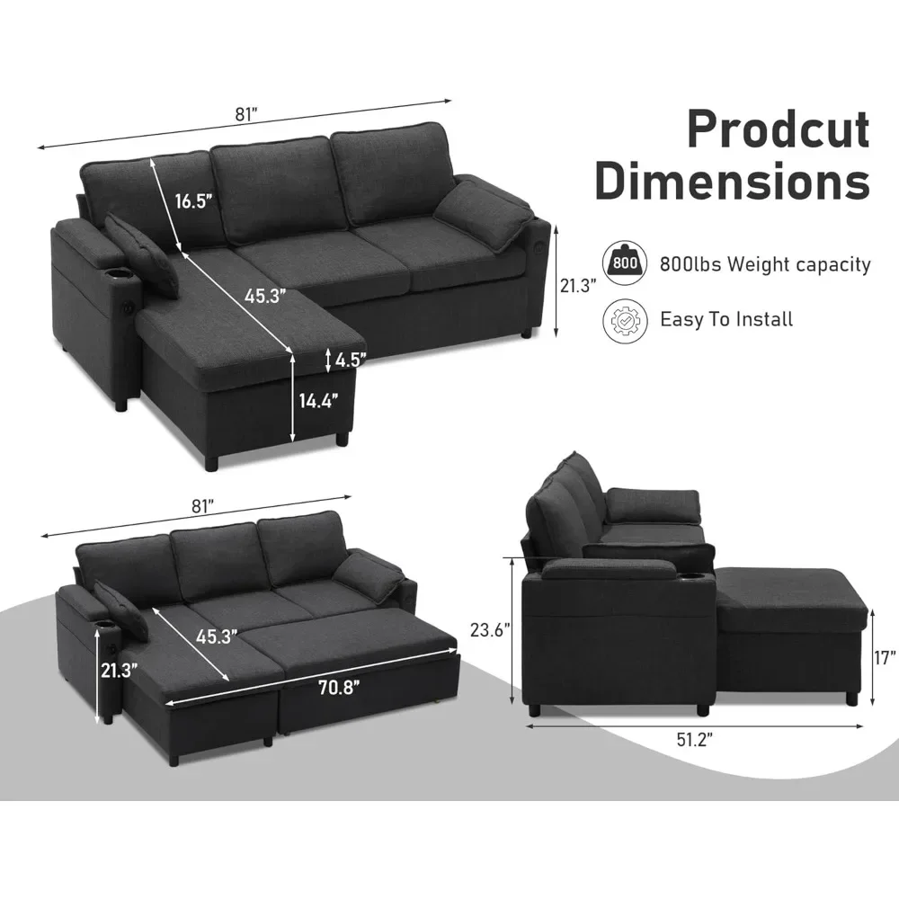 Pull Out Sleeper Sofa Bed Sectional Couch with Storage USB Ports Cup Holder 2 in 1 Convertible Living Room Sofa