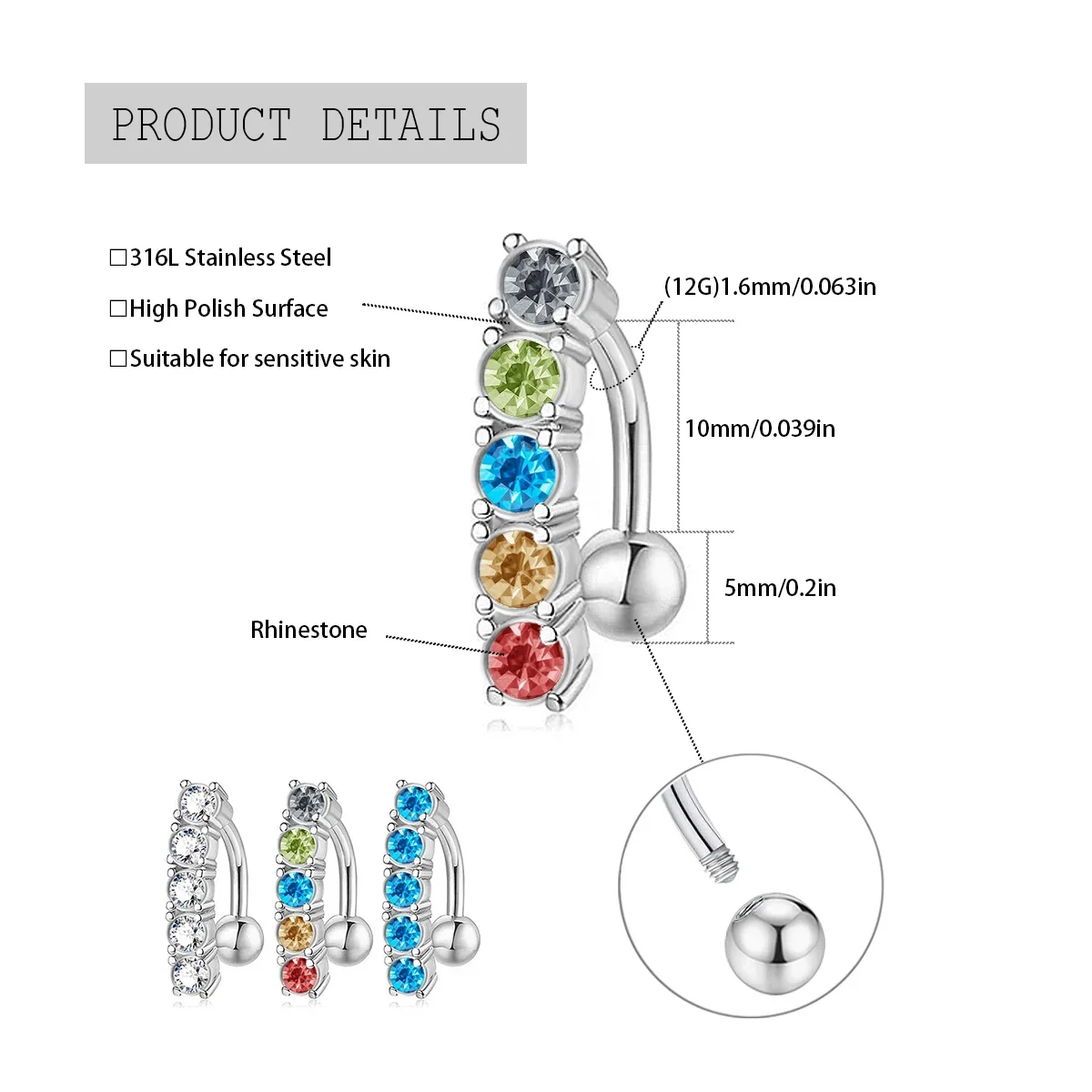 ثقب زر البطن الكريستالي من الفولاذ المقاوم للصدأ ، استرخى ، زهرة ، فاك ، عكس ، حلقات السرة ، العصرية ، الملحقات #3