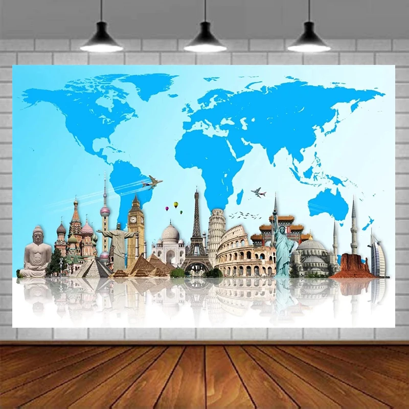 World Map Photography Backdrop World Famous Scenic Spots Landmarks Background Travel and Adventure Party Airplanes Baby Shower