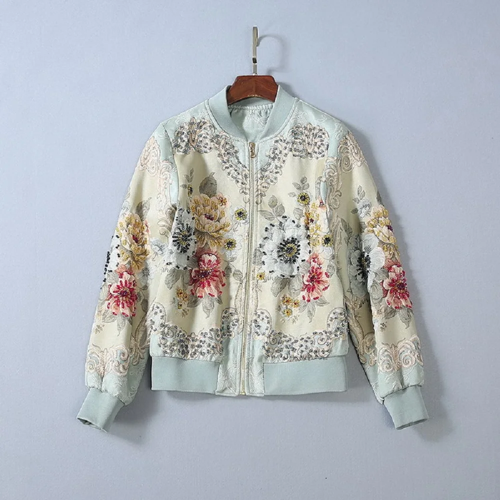 XXL Coat Jackets 2026 Autumn Winter Fashion Women Hand Made Beading Flower Patchwork Long Sleeve Casual Bomber Jackets Outwear
