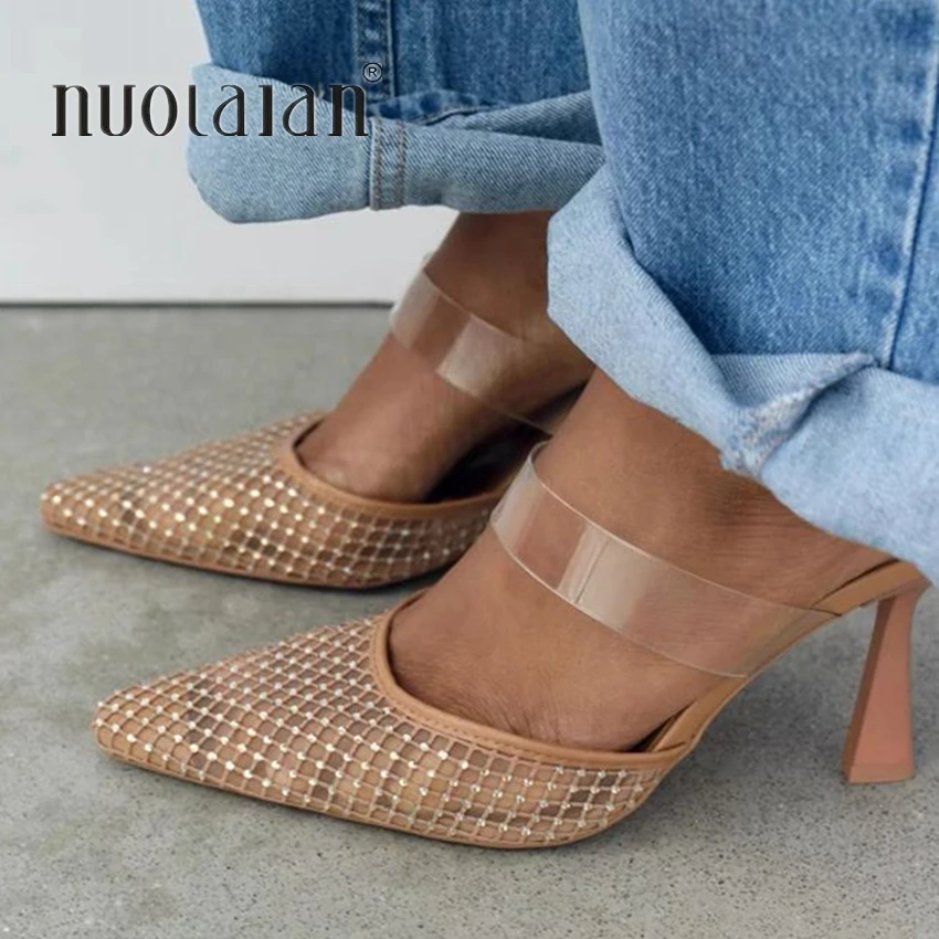 Luxury Woman Sandal Sexy Rhinestones Mesh Pointed Toe Slingback Brand Elegant Party High Heels Shoes for Lady Summer Footwear