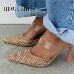 Luxury Woman Sandal Sexy Rhinestones Mesh Pointed Toe Slingback Brand Elegant Party High Heels Shoes for Lady Summer Footwear
