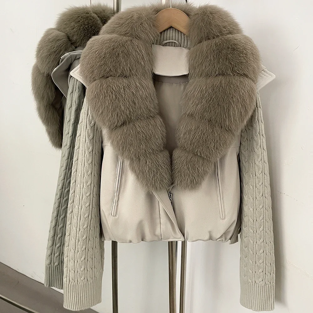 OFTBUY Damen-Pufferjacke mit abnehmbaren Strickärmeln, leichte Daunenjacke mit echtem Fuchspelzkragen, neue Winterkleidung für Damen – Detail 22