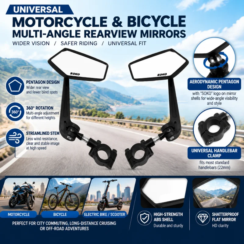 Universal Bike Handlebar Mirrors Motorcycle Rear View Mirror HD Wide Angle & 360° Rotating Back Sight Rearview Motorcycle Mirror