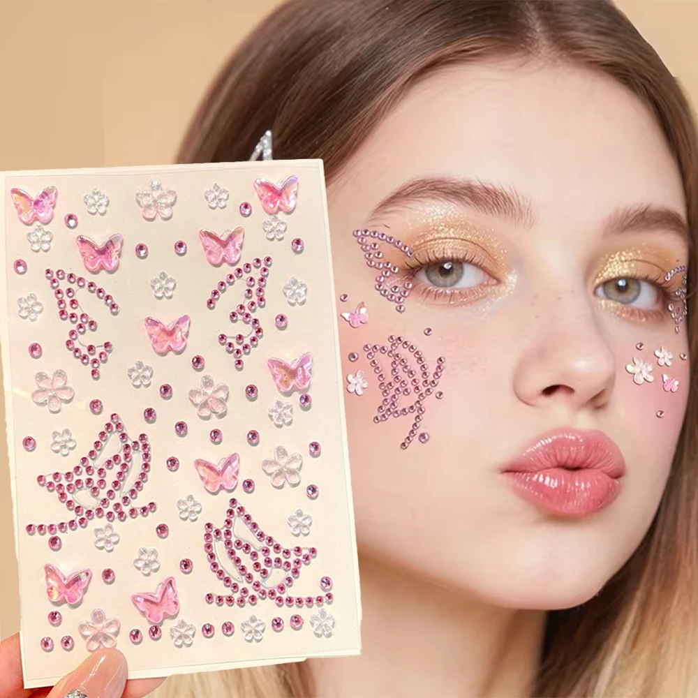 1Pc 3D Pink Butterfly Rhinestone Face Stickers Self-Adhesive Flower Butterflies Sparkling Gemstone Temporary Makeup for Eye Face