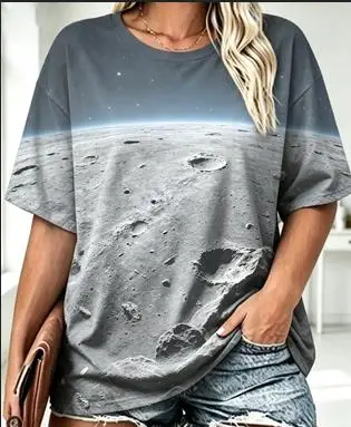 Women Crew Neck Short Sleeve T‑shirt Lunar Surface Crater Space Planet Starry Sky Cosmic Art Print Loose Casual Tops