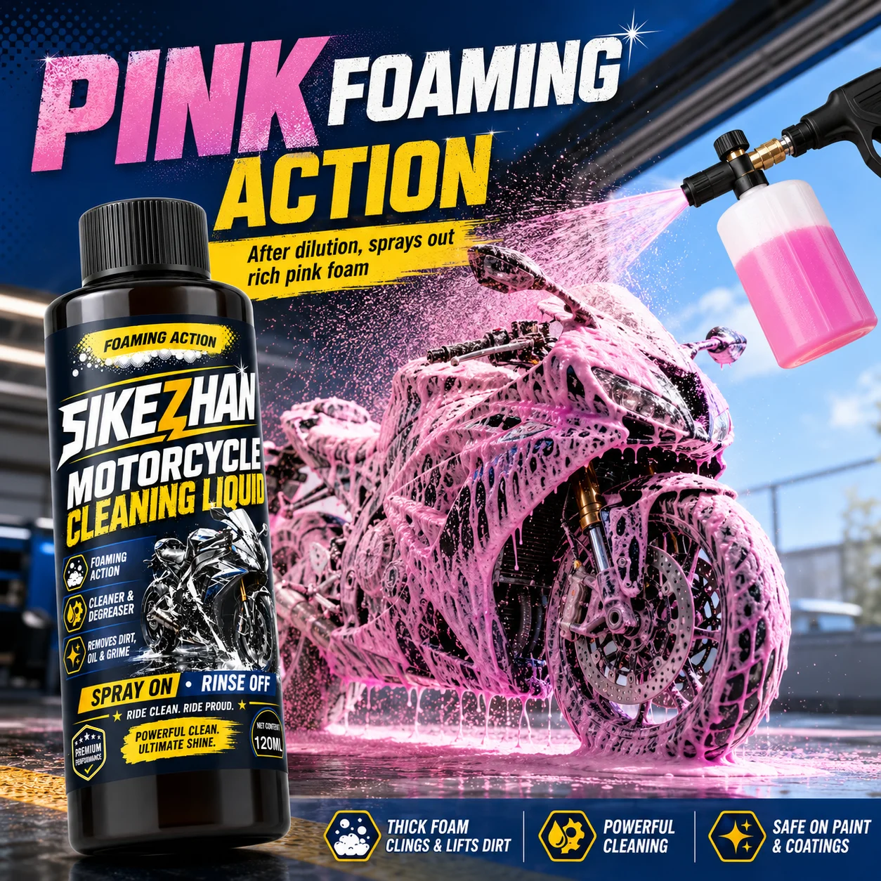 120ml Concentrated Motorcycle Cleaner Liquid, 1:100 High Dilution Ratio Foaming Wash Soap for Motorbike Maintenance Tool Sets