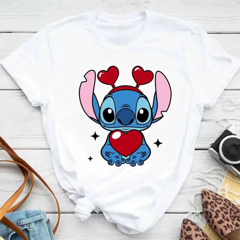 Kawaii Stitch and Angel Heart T Shirt Fashion Female Summer White Tops Short Sleeve Casual Harajuku Cotton Soft T-shirts