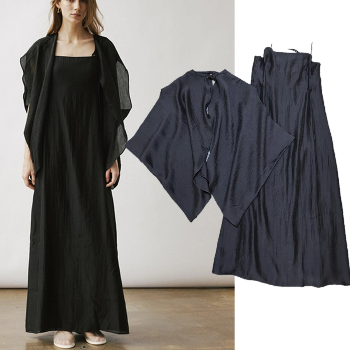 Maxdutti Minimalism In Southern France Satin Lyocell Cloak Strap Dress Two-piece Set Dress Party Dress Elegant Camisole Dress
