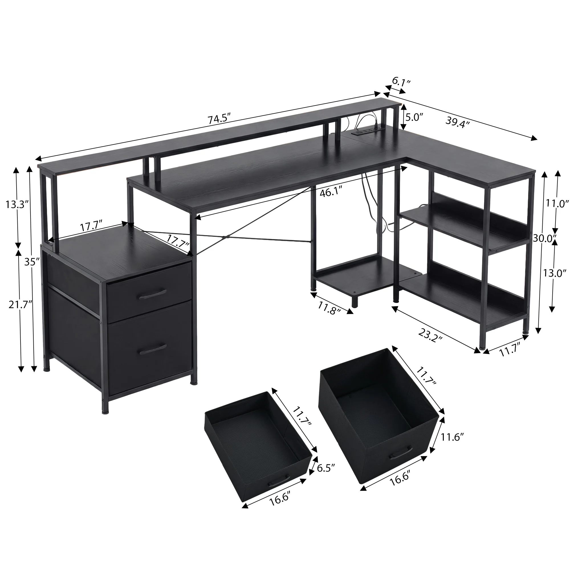 #￥forJHK 75IN L-Shaped Computer Desk with Power Outlet and LED Strip 2 Drawers For Study Office GamingWood Table ModernWorkTable