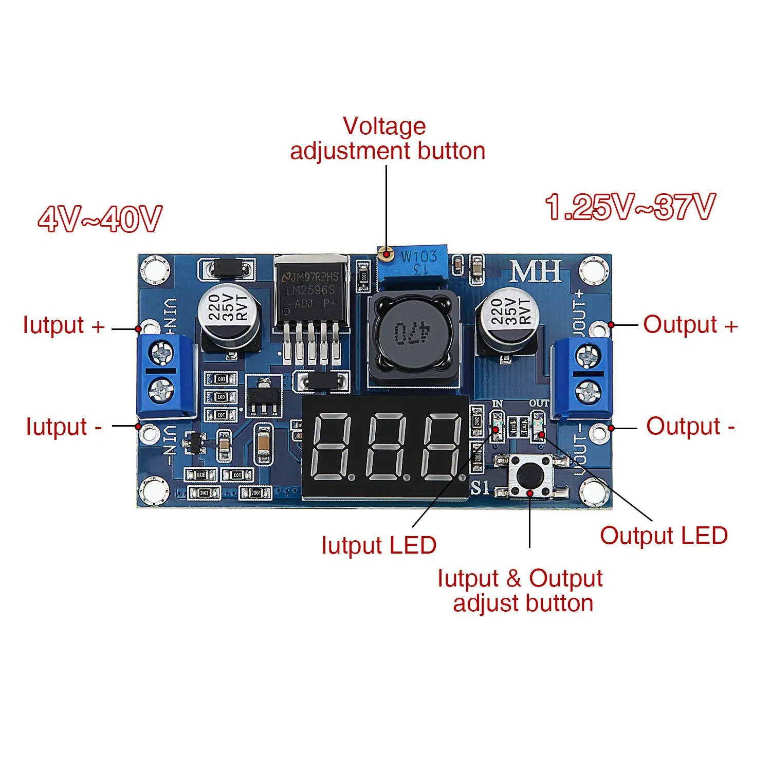 6 X Adjustable LM2596S DC-DC Down Converter, Down Voltage Regulator, Power Module, 36 V, 24 V, 12 V to 5 V, 2 A