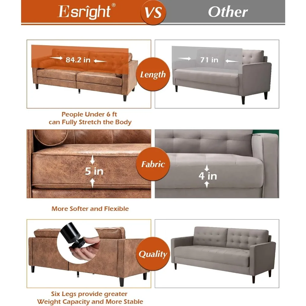أريكة جلدية صناعية حديثة بثلاثة مقاعد في منتصف القرن، أريكة عتيقة مقاس 8.2 بوصة مع وسادتين مع وسادتين، أريكة بنية كبيرة لغرفة المعيشة