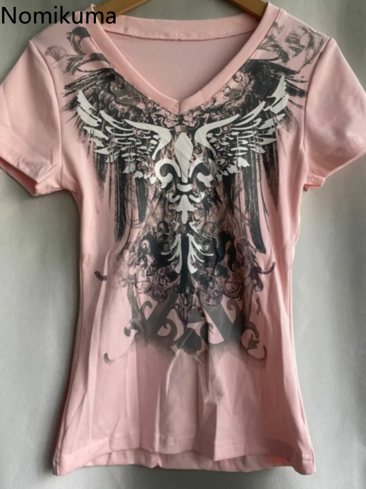 Ropa de Mujer, Camisetas de verano para Mujer, Túnica de manga corta con cuello en V, Camisetas con estampado rosa, Tops cortos, camiseta informal