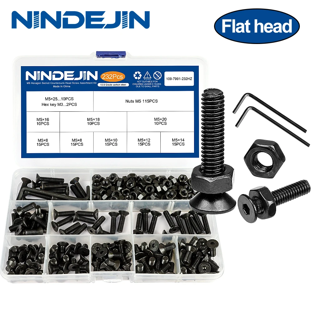 NINDEJIN-Aço Carbono Cabeça Chata Parafuso Set, Hex Hexagon Socket, Kit Parafuso Cabeça Escareada, M2, M2.5, M3, M4, M5, M6