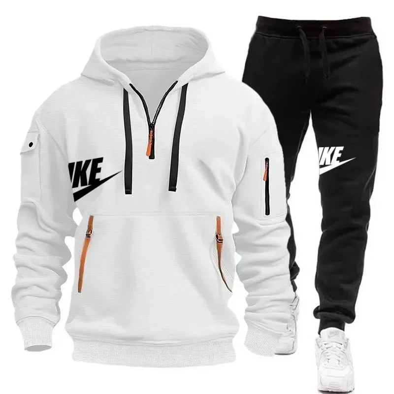 

New autumn/winter men's casual hoodie sports suit, stylish outdoor multi-pocket zipper plus size men's hoodie + pants 2 sets