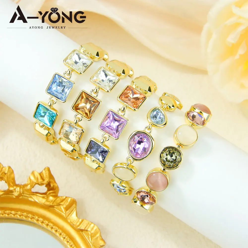Fashionable Colored Crystal Gold Bracelet 14k Austrian Versatile Stained Glass Handmade Chains Italian Women Statement Jewelry