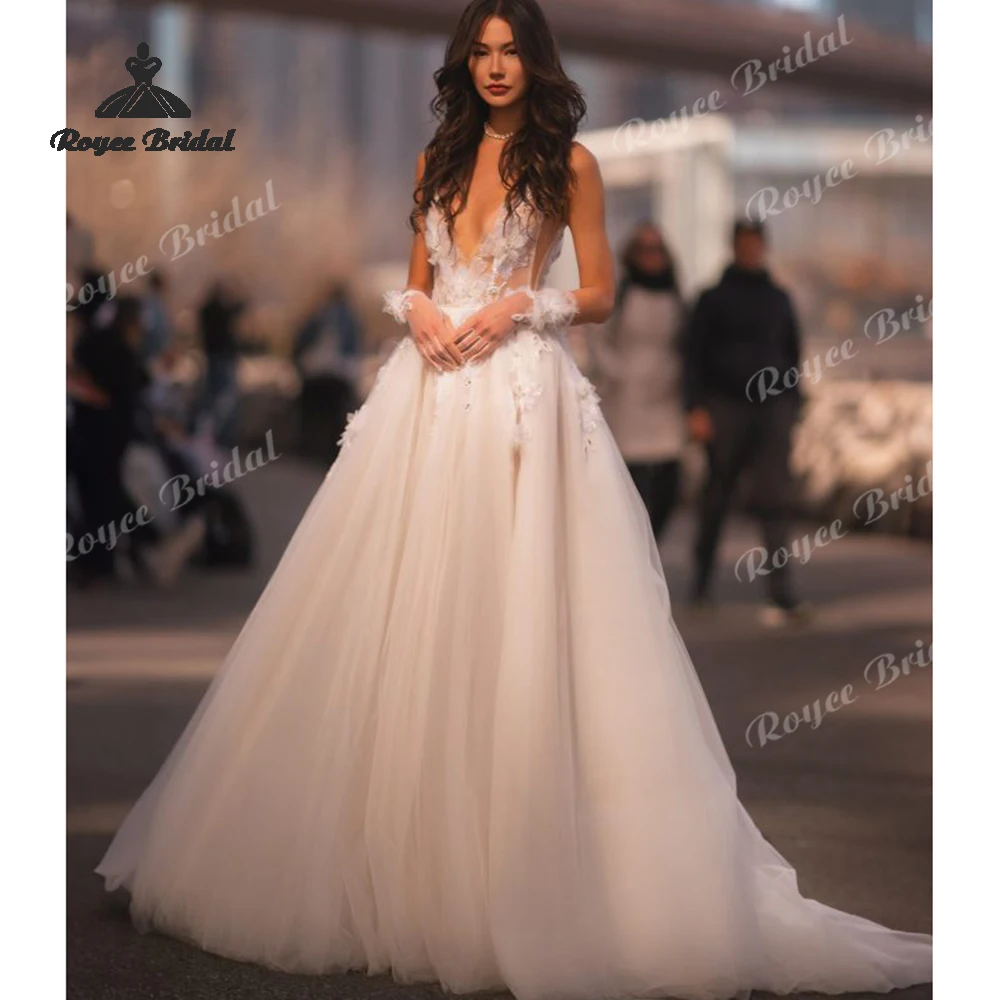 Sexy 3D Flowers Deep V Neck A Line Wedding Dresses 2027 Appliques Customized Beach Bridal Gown Custom Vestido De Novia