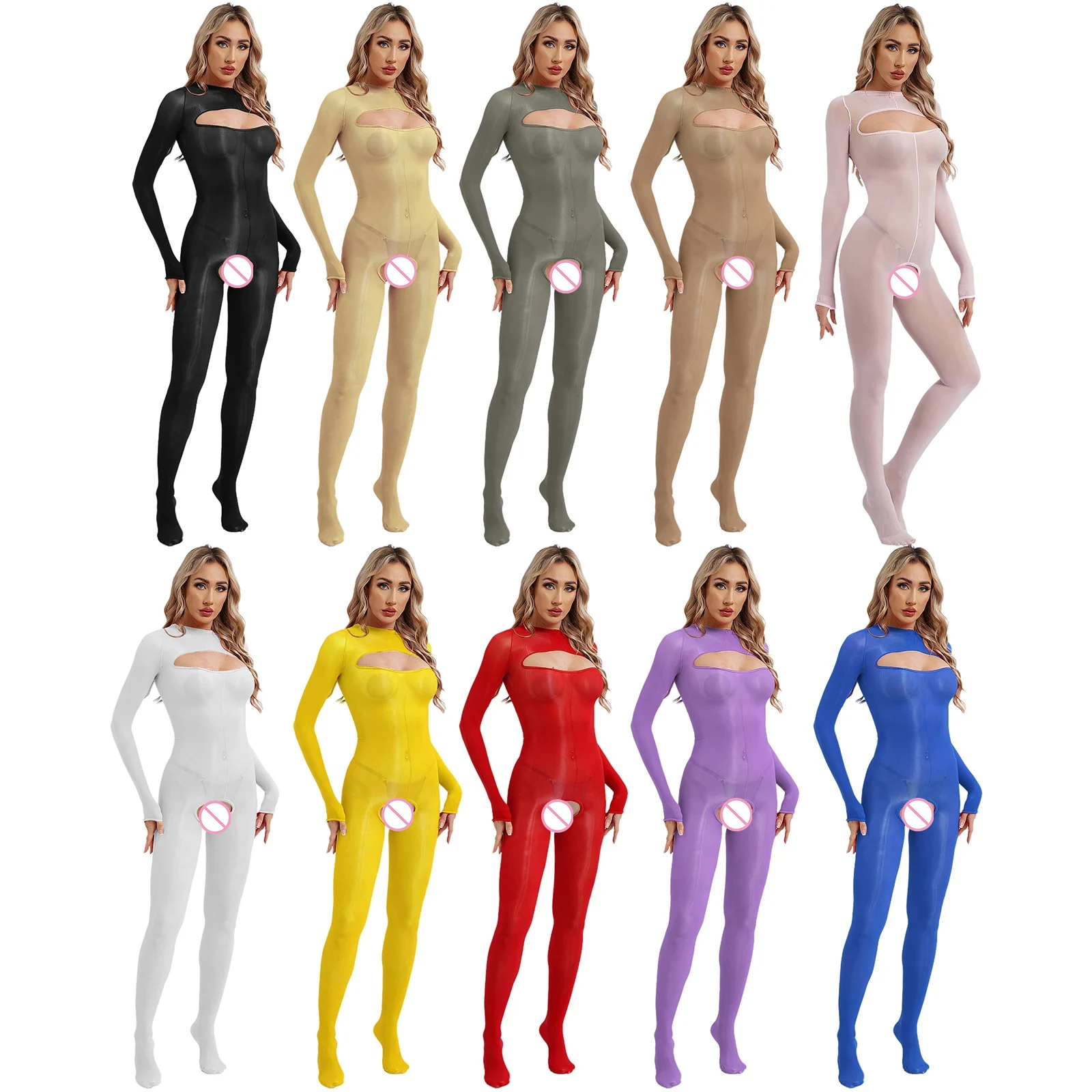 Women Glossy See-Through Bodystockings Open Crotch Tights Long Sleeve Open Breast Crotchless Bodysuit Tempting Catsuit Jumpsuit