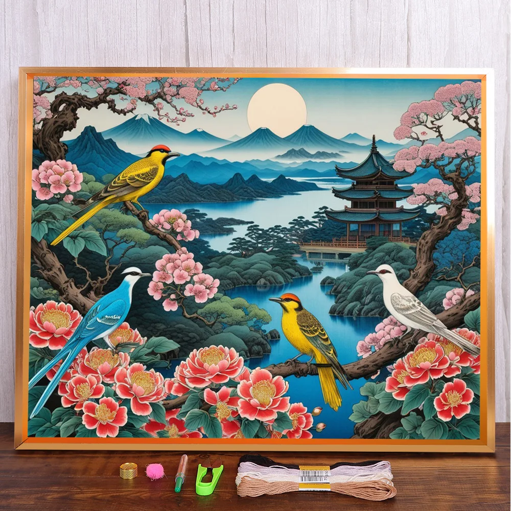 

Landscape Flower Tower Pre-Printed Cross Stitch Embroidery Set Handmade Handicraft Handiwork Sewing Package Room Decor Design