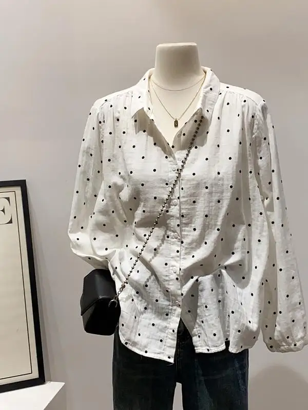 

Весенний милый молодежный длинный све женский универсальный топ irt однотонного цвета с отложным воротником в горошек для поездок на работу