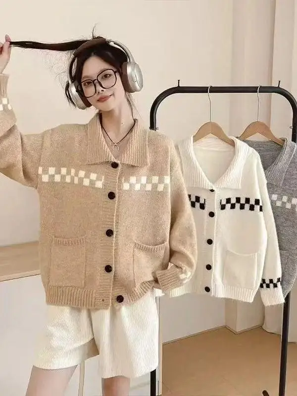 

Spring New Women's Collar Retro Art Pocket Knitted Open Cardigan Loose Sweater Jacket Versatile Comfortable Medium Softness