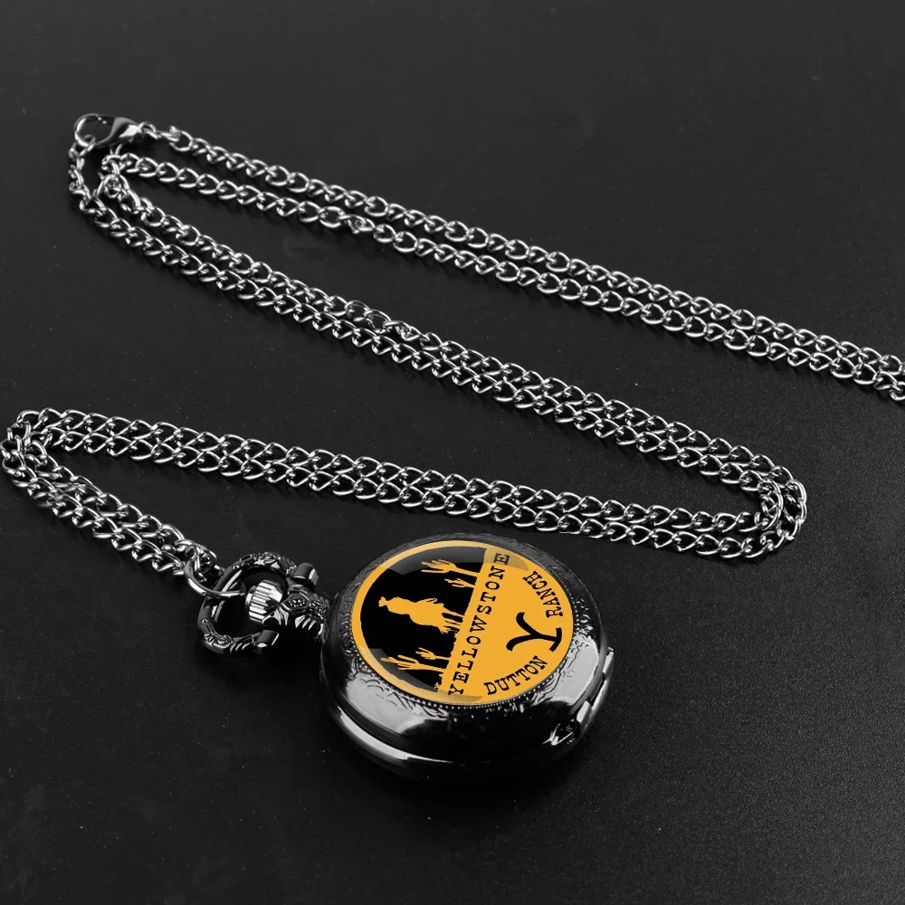 Yellowstone Glass Dome Pocket Watch with Chain Necklace Vintage Quartz Pendant Watches Mens Women Gift