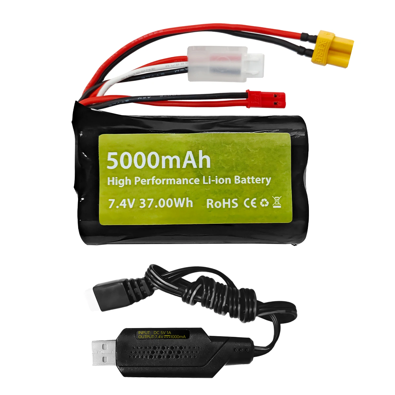 7.4V 5000mAh Li-ion Battery with JST Plug and XT30 Plug with USB Charging Cable for TX16S,TX18S,RC4GS,RC6GS,TX12 Remote Control