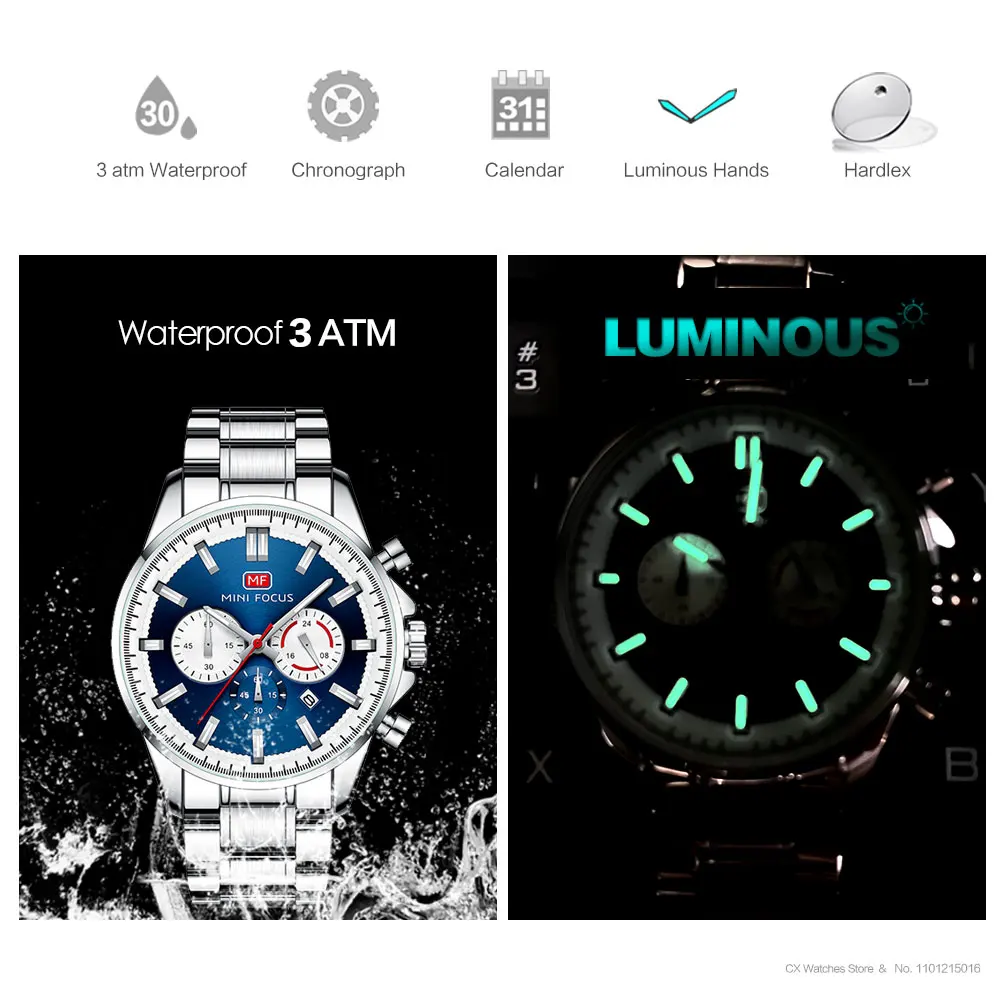 MINI FOCUS 0469G Cintura in acciaio al quarzo Orologio da uomo di lusso Impermeabile Calendario luminoso Cronografo Orologi da uomo Reloj Hombre