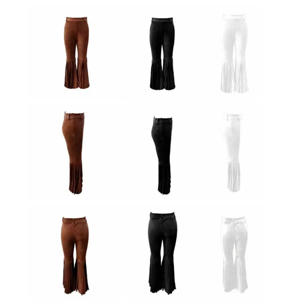 Solid Color Suede Tassel Pants Fringe Hem Streetwear Retro High Waist Trousers Boho Style Splicing Design Slim Fit Flare Pants