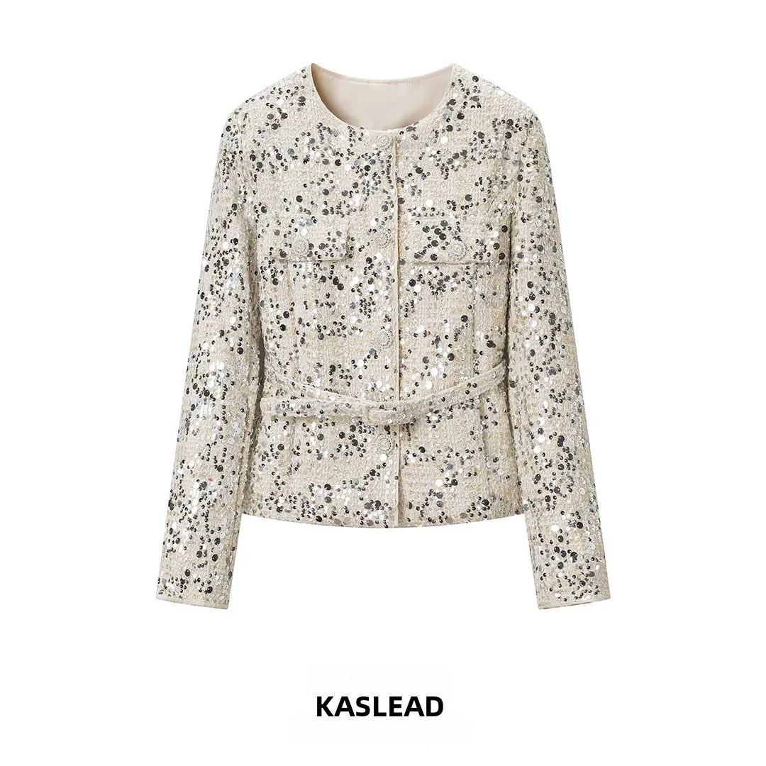 KASLEAD Women's Embroidered Wide Tweed Shiny Sequin Jacket Fashion Design Sensation Outerwear Long Sleeve Button Closure