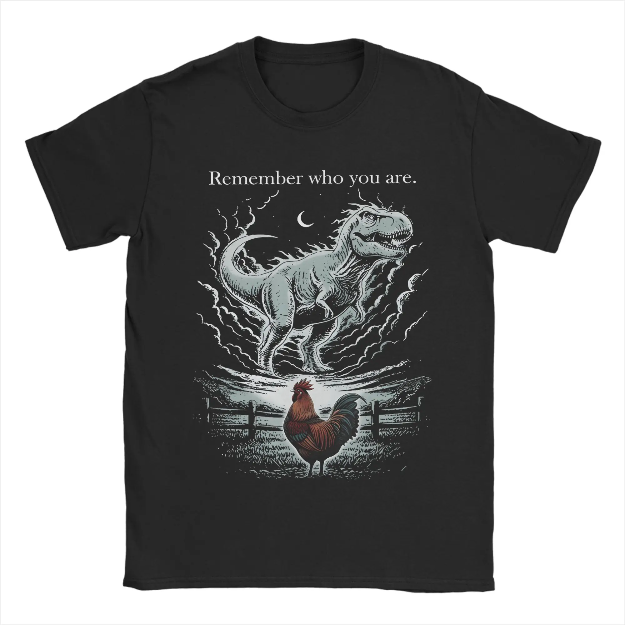 Vintage Remember Who are You Dinosaur Chicken Funny Meme 100 Cotton T Shirt For Men Summer  Classic T-Shirts O-Neck Hippie Tees