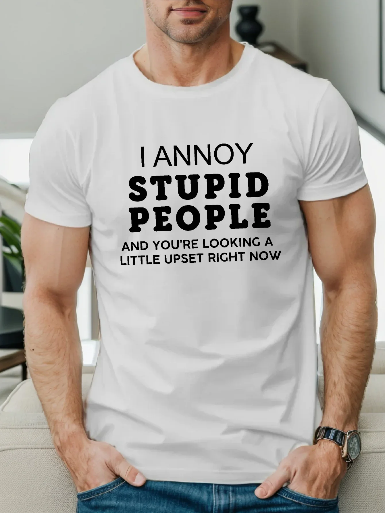 I Hate Fools - Men's T-shirt, Casual Short-sleeved, Geometric Pattern, Round Neck - The Perfect Choice for Summer