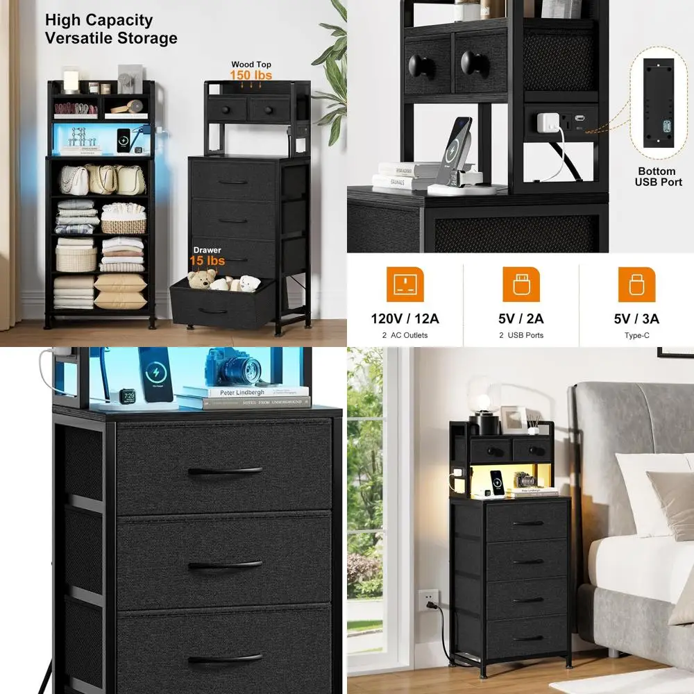

41 Dark Gray 6-Drawer LED Nightstand with Charging Station & 3-Tier Wood Shelves for Bedroom, Office, Small Spaces