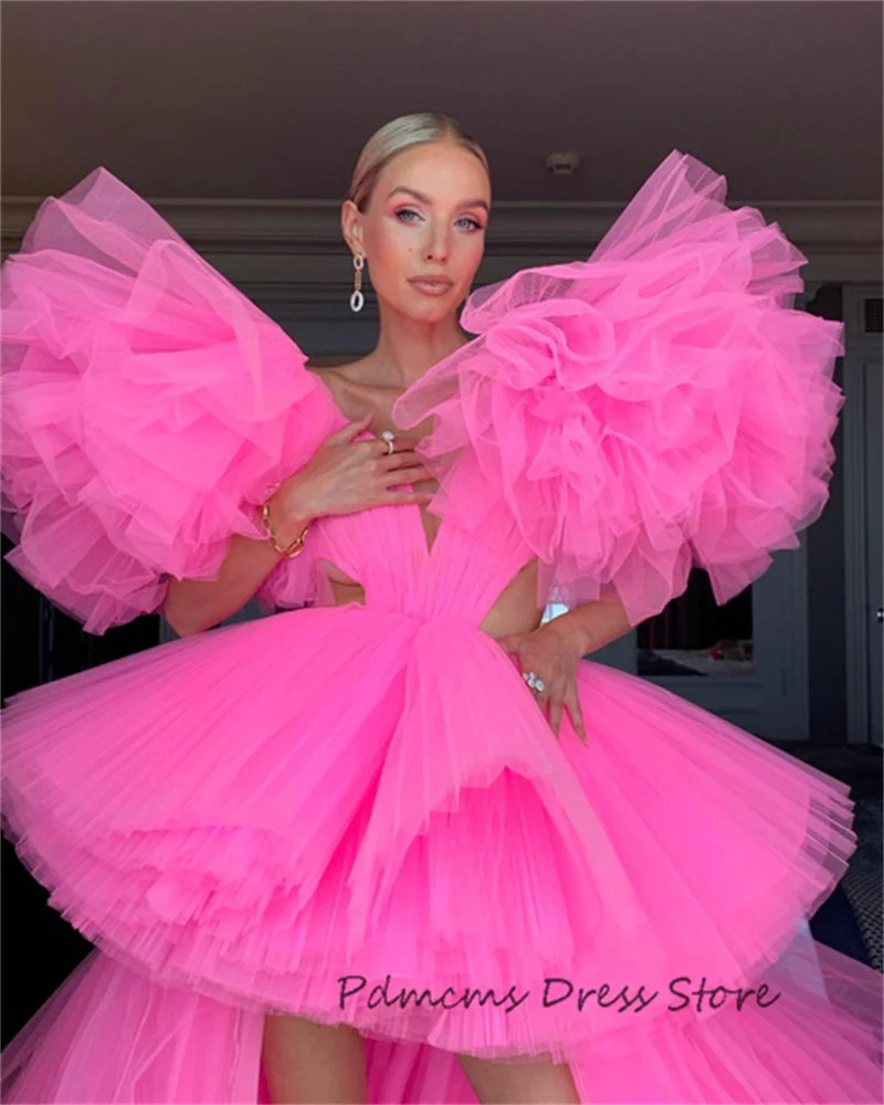 PDMCMS Deep V Neck Pink Prom Dresses High Low Backless Sexy Pageant Dress Tiered Tulle Long Formal Evening Special Party Gowns