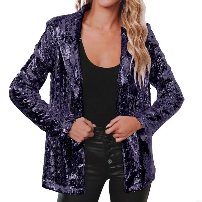 Trendy Shimmering Sequins Embellished Cardigan Jackets for Women Long Sleeve Lapel Collar Open Front Coat Outwear
