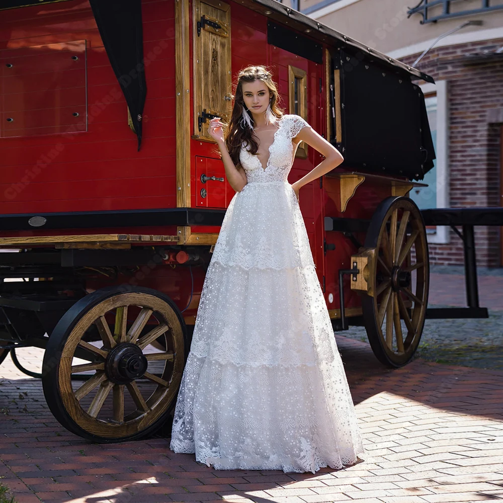 

Vintage Sleeveless Wedding Dresses For Women Sexy V-Neck A-Line Tulle Bridal Gowns Mopping Length Vestidos De Novias Customized