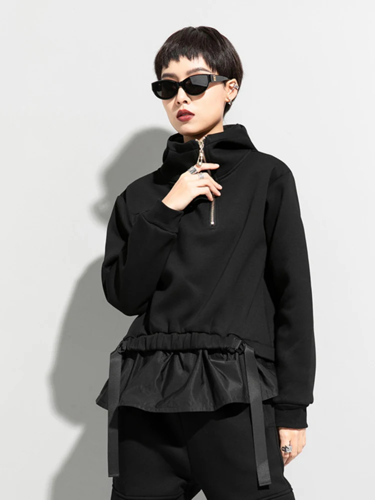 [EAM] Loose Fit Ruffles Spliced Sweatshirt New Hoooded Long Sleeve Women Big Size Fashion Tide Spring Autumn 2024 1DD2569