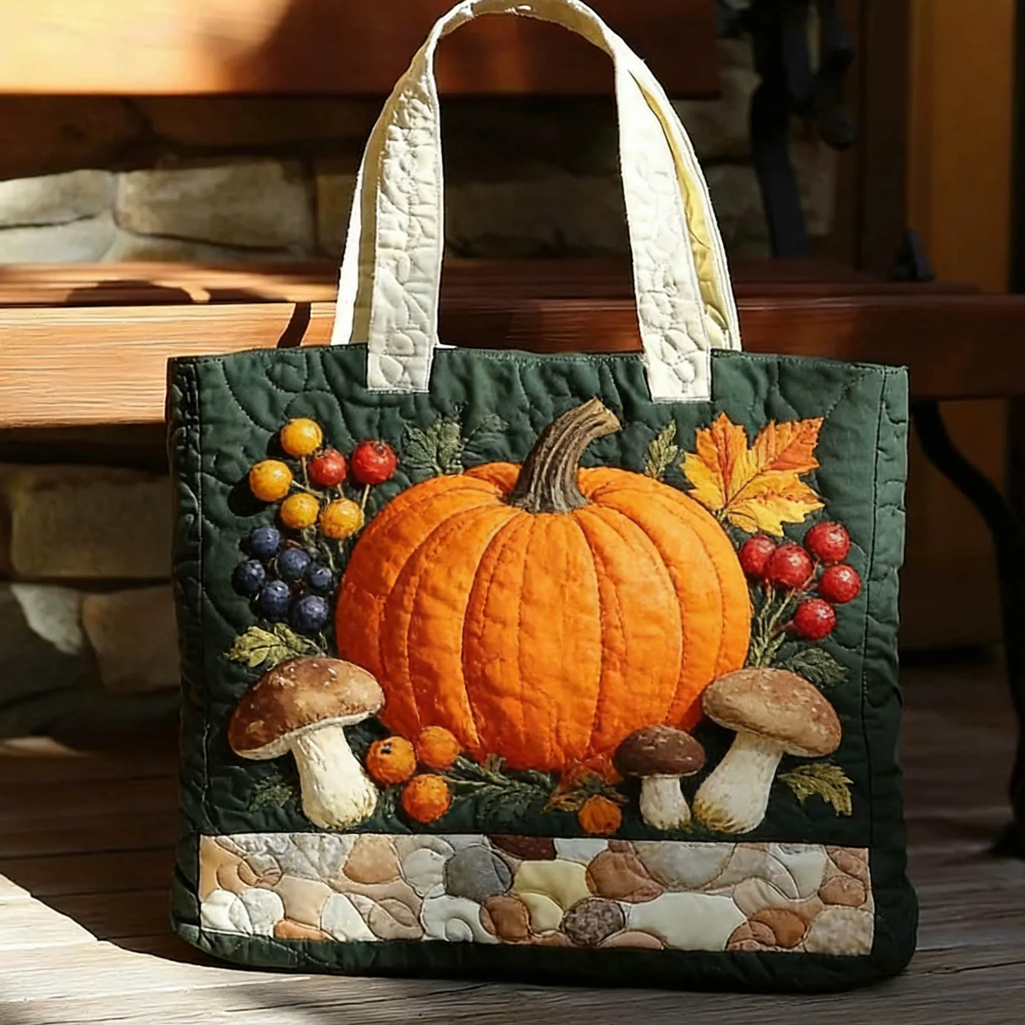 

Harvest Thanksgiving Quilted Tote Bag Pumpkin Mushroom Maple Leaf Decor Shoulder Bag Casual Handbag for Daily Use Shopping
