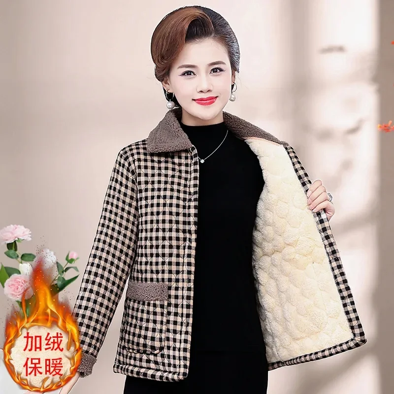 Plaid Printed Jacket 2023 Autumn And Winter New Cotton-Padded Jacket For Middle-Aged And Elderly Mothers Plus Velvet Jacket