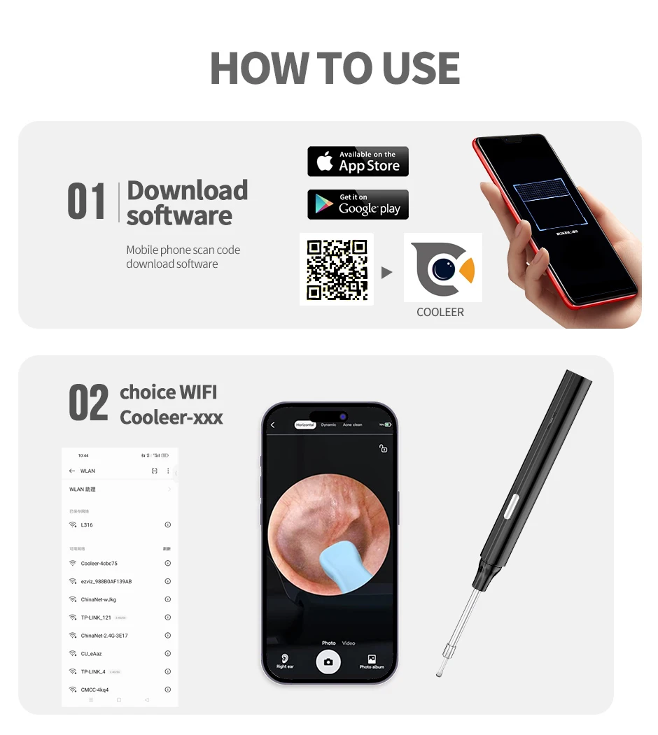 Wireless Otoscope Ear Camera 1080P 4.9MM WiFi Ear Scope with 6 LED Lights for Kids and Adults Compatible with Android iPhone